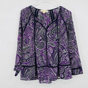 Michael Kors Size Small Purple Paisley Print Sheer Tassel Career Popover Blouse
